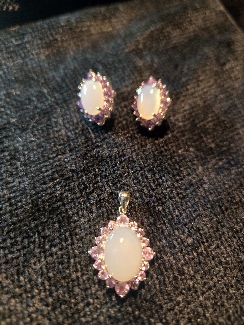Sterling Silver Pink Halo Opalescent Pendant and Stud Earring Set